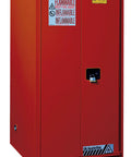 Rock Solid Hazardous Paint Storage Cabinet, 96 Gallon Self Closing Ink And Solvent Safety Locker, front view with warning labels.