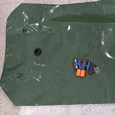 Foldable Water Storage Bladder With Faucet 110L Portable Camp Ready Collapsible Water Tank, green PVC material, connectors visible