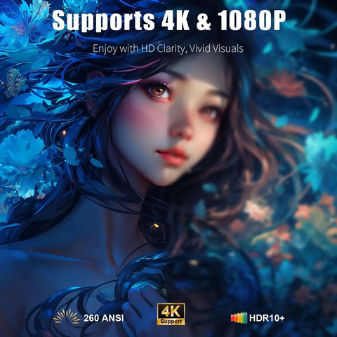 4K Supported Mini Projector With WiFi And Bluetooth For Home Theater And On The Go display featuring vivid digital image quality.
