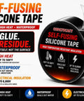 Self Fusing Silicone Tape 1 Inch By 5 Feet Black Emergency Repair Tape That Bonds To Itself For Waterproof Seal Heat Resistant Insulating And Chemical Resistant No Residue Ideal For Automotive Electrical Outdoor Use packaging with features and benefits displayed.