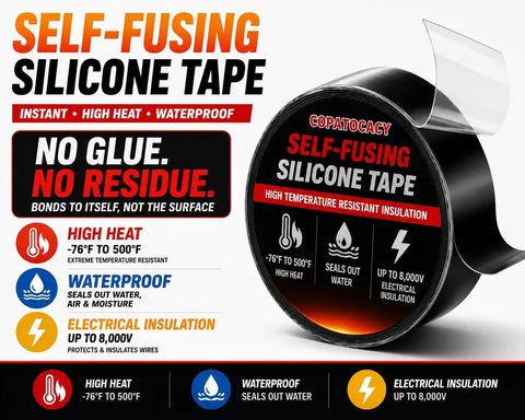 Self Fusing Silicone Tape 1 Inch By 5 Feet Black Emergency Repair Tape That Bonds To Itself For Waterproof Seal Heat Resistant Insulating And Chemical Resistant No Residue Ideal For Automotive Electrical Outdoor Use packaging with features and benefits displayed.