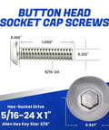 Top Shelf Button Head Socket Cap Screws 5/16 24 X 1 Inch 10 Pack Stainless Steel showing measurements and hex-socket drive details.