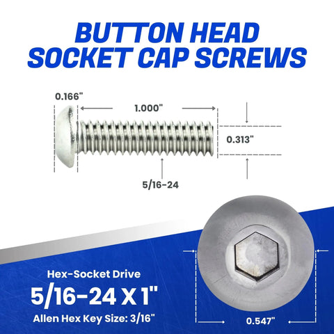 Top Shelf Button Head Socket Cap Screws 5/16 24 X 1 Inch 10 Pack Stainless Steel showing measurements and hex-socket drive details.