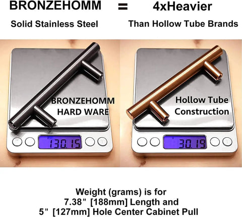30 Pack Oil Rubbed Bronze Cabinet Drawer Pulls Made From Solid Stainless Steel For Kitchen Cabinets Built To Last Beefy Five Inch Center To Center Half Inch Diameter Rugged Heavy Duty Hardware on a scale showing weight comparison with hollow tube pull