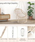 Macrame Swing Chair For Indoor Outdoor Living, Heavy Duty Hanging Porch Swing With Soft Cushions, Cotton Rope And Hardware Kits