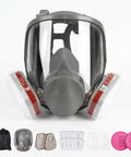 Full Face Reusable Respirator for Organic Vapors and Dust, shown with compatible particulate filters, front view.