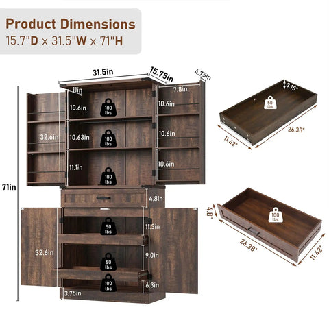 Kick Out Clutter Fast With This 71 Inch Tall Kitchen Pantry Cabinet Featuring Three Spacious Drawers Six Farmhouse Barn Doors Heavy Duty Steel Frame And Adjustable Shelves In Warm Brown product dimensions image.