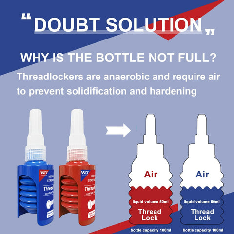 Two WAN2TLK thread-lock bottles, blue (medium strength) and red (high strength), 50 ml each