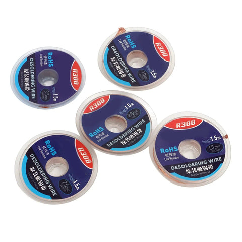 Five Piece Pro Grade High Purity Copper Soldering Wick Desoldering Solder Removal Braid Set For PCB Circuit Board Repair And Electronics Maintenance 1.5mm 2.0mm 2.5mm 3.0mm 3.5mm reels