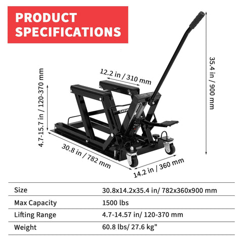 Hydraulic Motorcycle Lift Jack 1500 Lb Heavy Duty With Adjustable Height 4.7 To 14.57 Inches Non Slip Platform Safety Lock Garage Scissor Jack For Motorcycles ATVs UTVs Dirt Bikes And More