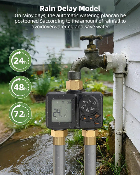 Two Zone Sprinkler Timer For Garden Hose With Battery Power, attached to outdoor faucet, displaying rain delay mode