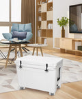 Furniture Caster Wheels Replacement with Brake, ABS Silent Mobility on a white cooler in a modern living room setting.