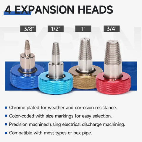 Four color-coded expansion heads, sizes 3/8 to 3/4 inch, of Killer PEX Expansion Tool Kit For F1960 ProPEX Systems With Indexed Auto Rotating Heads And Ring Removal Tool Includes Manual Expander Heads In Three Eighths, One Half, Three Quarters, And One Inch Sizes Plus Radial Pipe Cutter, Lubricant.
