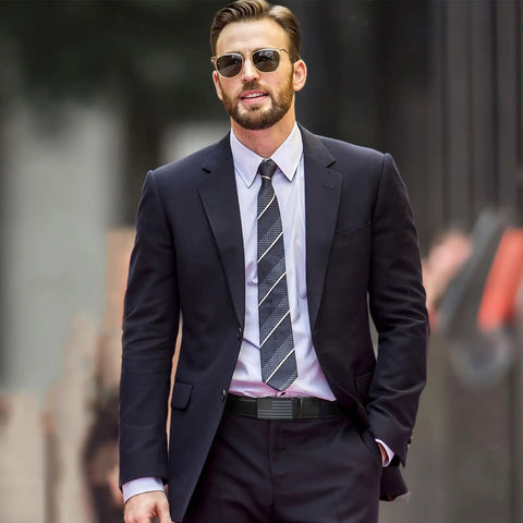 Man in a business suit wearing a Dope Mens Leather Belt Ratchet Black Dress Belt With Automatic Slide Buckle For Men Easy Adjustable Everyday Wear For Jeans Business Attire And Gift For Him Great Value.