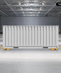 Rock Solid Heavy Duty Machinery Skates With Ergonomic Grip Handle, 4 Ton Capacity moving a container in a warehouse setting.