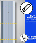 Beefy Aluminum Saddle Threshold For Commercial Doors, Fluted Mill Finish, with cutting guide and screws shown, 36 Inch Length