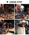 58mm Bottomless Portafilter Featuring Smooth Wood Ergonomic Handle And Double Shot Filter Basket For Breville Oracle Espresso Machines in usage steps.