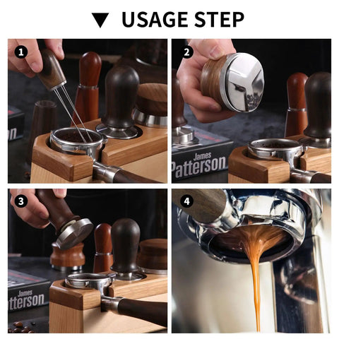 58mm Bottomless Portafilter Featuring Smooth Wood Ergonomic Handle And Double Shot Filter Basket For Breville Oracle Espresso Machines in usage steps.