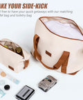 Cosbarn 5-piece luggage set: beige soft-sided suitcases with brown straps, angled front view of two bags