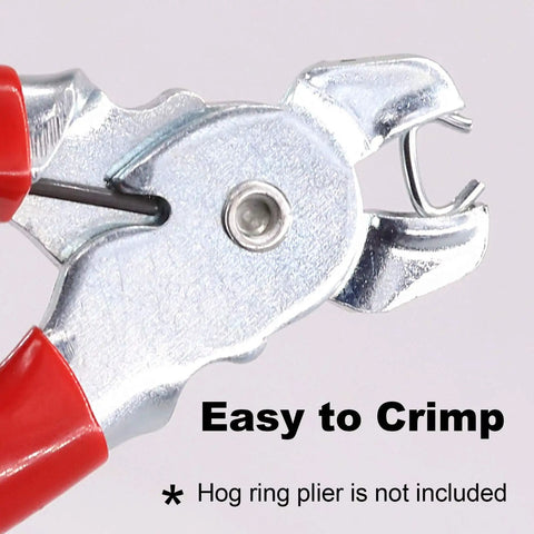 Hog ring plier clamping tool close-up with text 'Easy to Crimp', suitable for 1000 Pack 3/8 Inch Galvanized Hog Rings Assortment Kit