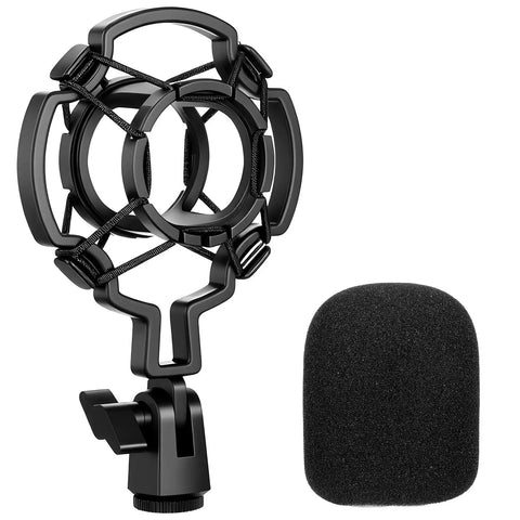 Black Universal Microphone Shock Mount With Pop Filter And Clip Holder, Anti Vibration Suspension for 42mm to 46mm Condenser Mics