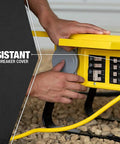 Heavy Duty Portable Temporary Power Box With Six 5-20R Receptacles And Reliable GFCI Protection Built Like A Tank With 14 Gauge Steel For Demanding Jobsite Projects with water-resistant cover and circuit breakers.