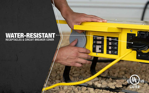 Heavy Duty Portable Temporary Power Box With Six 5-20R Receptacles And Reliable GFCI Protection Built Like A Tank With 14 Gauge Steel For Demanding Jobsite Projects with water-resistant cover and circuit breakers.