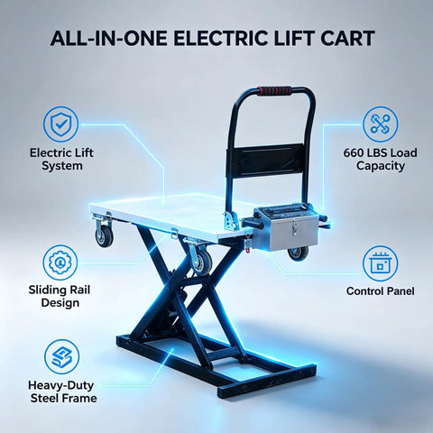 Electric Hydraulic Lift Table Cart Featuring Smooth Gliding Rails And One Touch Power Raise For No Sweat Material Handling Up To 660 Pounds On A Heavy Duty Workhorse Frame
