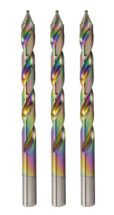 One Quarter Inch Step Point HSS Drill Bit With 135 Degree Split Point Tip, M2 High Speed Steel, Three Flat Shank, Multicolor Finish