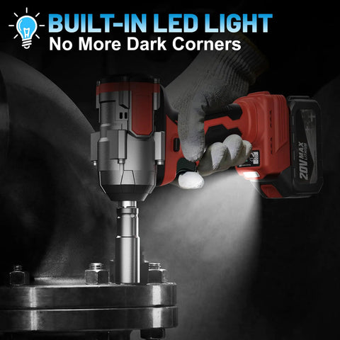 Mgym 500Nm Cordless Impact Wrench 1/2 Inch Electric Driver with built-in LED light for garage tasks and heavy duty projects.