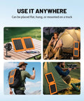 Collage showing 10W Solar Panel Charger with USB A and USB C, used outdoors for camping, hiking, and mounted on a tent and backpack.
