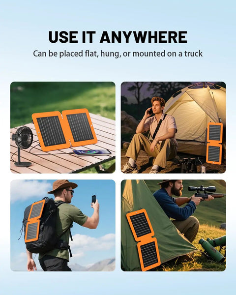 Collage showing 10W Solar Panel Charger with USB A and USB C, used outdoors for camping, hiking, and mounted on a tent and backpack.