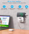 Compact Wall Outlet Extender With 3 AC Outlets And 4 USB Ports Featuring Built In Surge Protector, powering multiple devices.