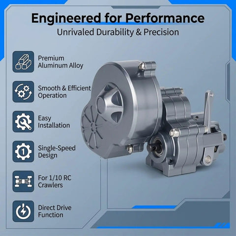 Aluminum Alloy RC Transmission Gearbox Kit for 1 to 10 Scale Crawlers, showing durable design and smooth single speed power transfer.
