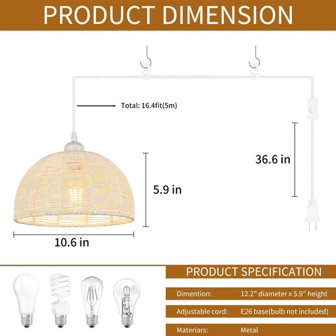 Product dimensions of Plug In Pendant Light With 16ft Rattan Boho Woven Hanging Cord For Dining Room Living Room Kitchen Bedroom Arc Design Cream Finish Easy Install Chill Vibe Ambient Glow