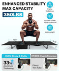 Extra Wide 31.5 Inch Camping Cot Ultralight Folding Bed for Adults with 350 lbs capacity, man demonstrating stability