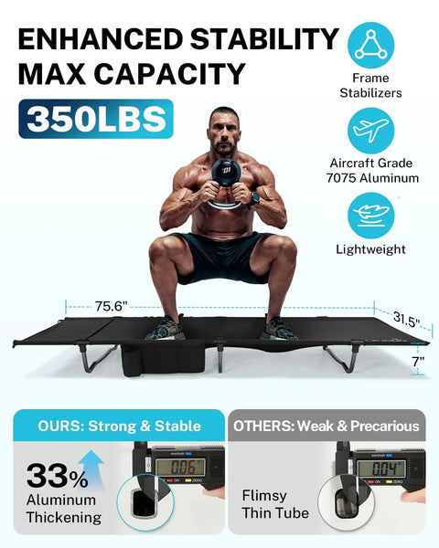 Extra Wide 31.5 Inch Camping Cot Ultralight Folding Bed for Adults with 350 lbs capacity, man demonstrating stability
