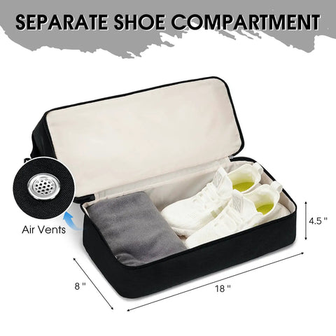 Underseat Personal Item Bag With USB Charging Port, Grab And Go 30L Travel Duffel With Wet Pocket And Shoes Compartment, open to show shoe storage