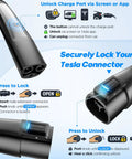 Heavy Duty Tesla Charger Extension Cable 21 Ft And 48 Amp Nacs Ev Cord with unlock and lock instructions for secure charging.