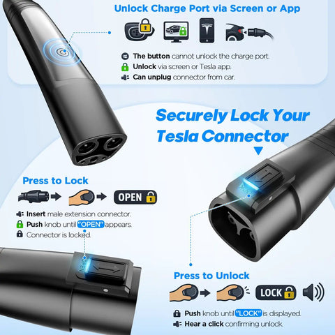 Heavy Duty Tesla Charger Extension Cable 21 Ft And 48 Amp Nacs Ev Cord with unlock and lock instructions for secure charging.