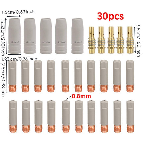 15AK MIG Torch Consumable Kit For Welder High Temperature Resistant Tips And Nozzles Set With Guarding Coating 30 Piece 0-8mm