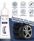 24 Pcs Tire Plug Repair Kit with Key Tools and 120ml Powerful Patch Glue for Instant Puncture Seals, showing glue tube and tires.