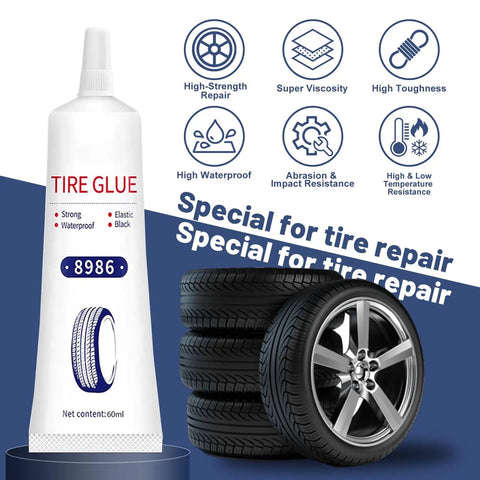 24 Pcs Tire Plug Repair Kit with Key Tools and 120ml Powerful Patch Glue for Instant Puncture Seals, showing glue tube and tires.