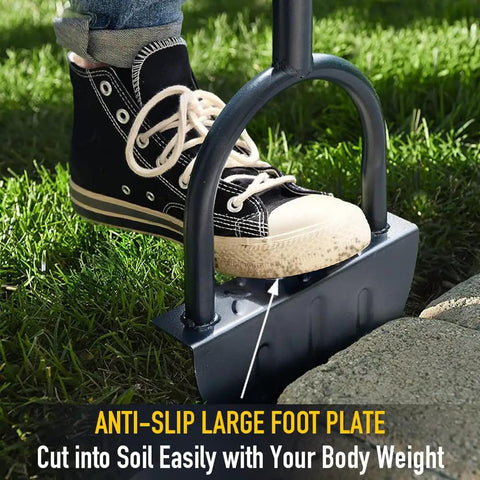 Saw Tooth Lawn Edger With T Grip Handle For Long Reach 38 Inch Half Moon Edging Tool foot pressing down for use