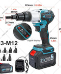 HNBYLMM Cordless Electric Rivet Gun Set with digital display, 5.2Ah battery, and various attachments for M3 to M12 nuts.