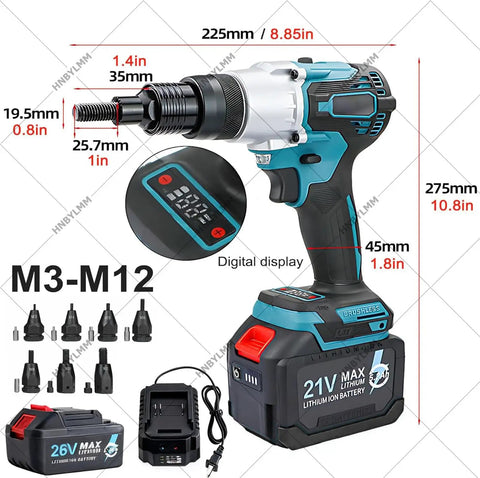 HNBYLMM Cordless Electric Rivet Gun Set with digital display, 5.2Ah battery, and various attachments for M3 to M12 nuts.