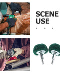 Versatile 2 Pc Mushroom Buffing Wheels With Handle For Drill in action for grinding, showing surfaces being cleaned and tools used.