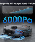 Robot Vacuum And Mop Combo With LiDAR Navigation, 6000Pa powerful suction, shown on floor highlighting performance graph
