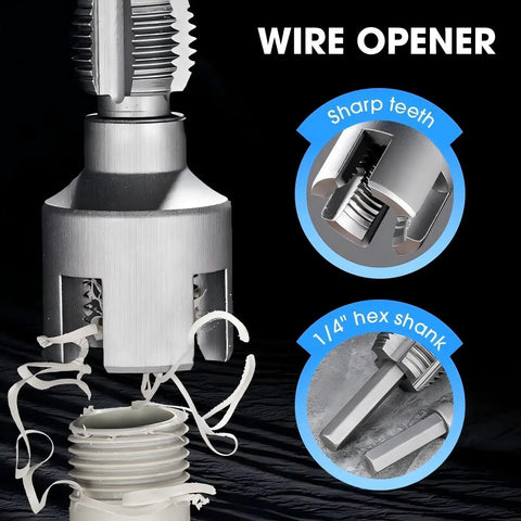 Dual Function Pipe Threading Tool Set For One Half And Three Quarter Inch Pipes With Internal And External Threads Integrated Cutting Electric Drill Compatible PVC Water Pipe Threader Kit Two Piece Set showing sharp teeth and hex shank