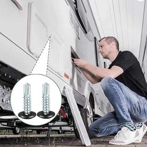 Heavy Duty Self Tapping Trailer Screws Number Ten By Three Quarter Inch Zinc Plated installed on RV panel by a technician.